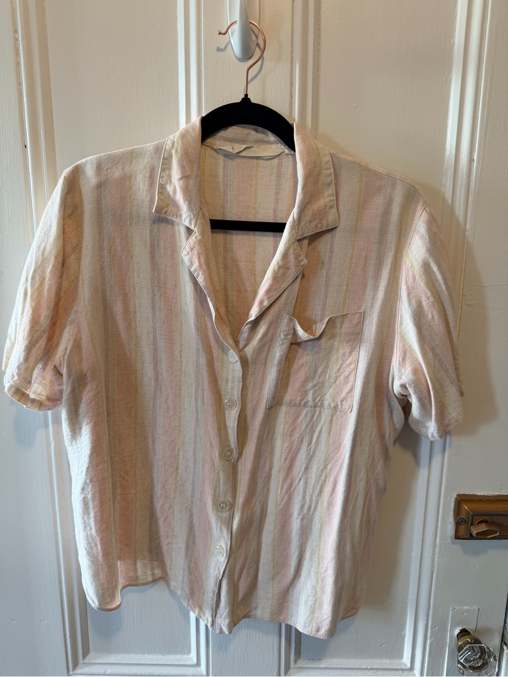 Vintage Short-Sleeve Stripe Button-Up Shirt - Pink & Cream